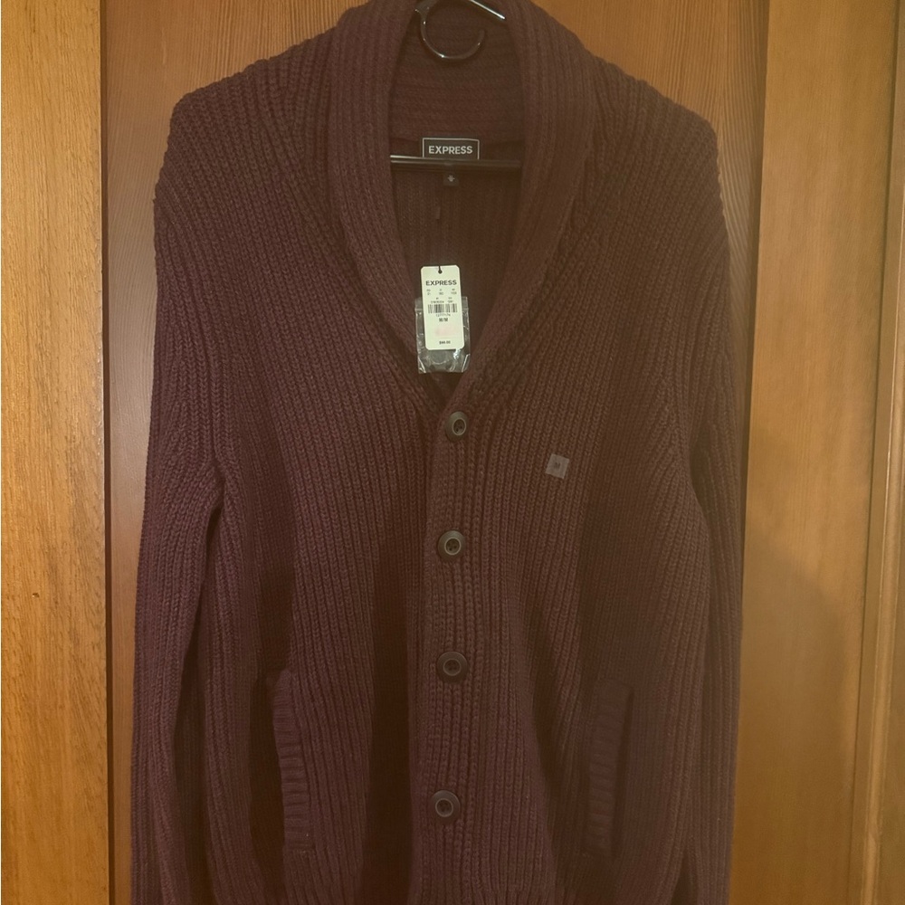 Express Men's Deep Burgundy Cardigan Sweater